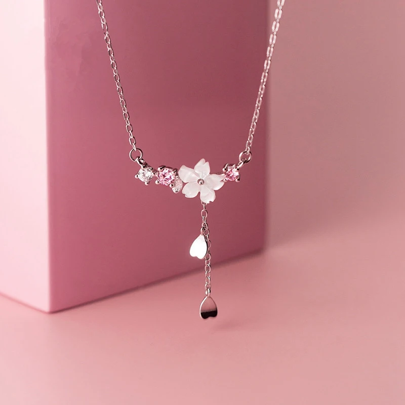 Romantic Cherry Blossoms Flower Necklace For Women Shiny Crystal Zircon Butterfly Flower Pearl Clavicle Chain Girl Party Jewelry image 3