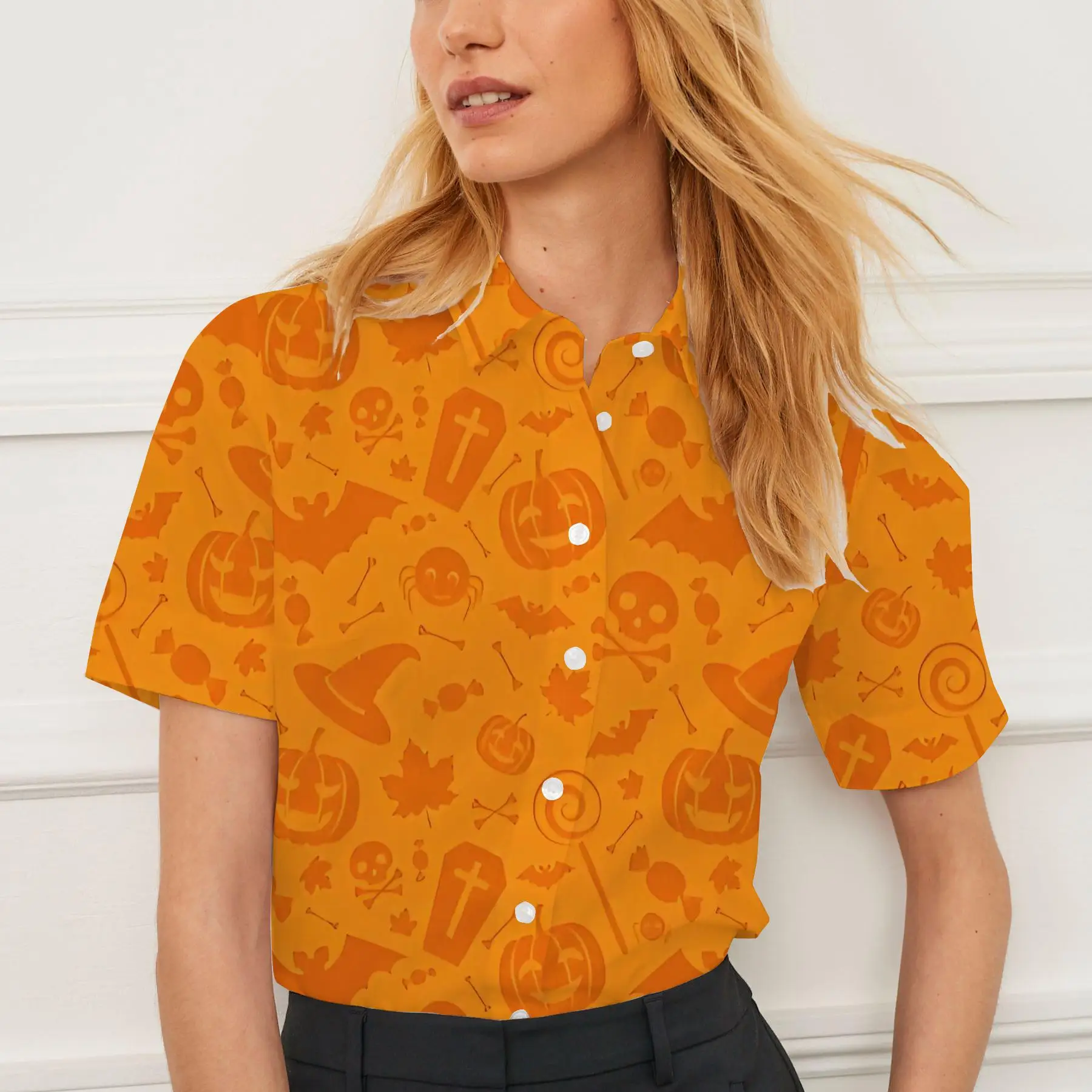 Summer women's shirt casual short sleeve lapel Christmas pumpkin pattern print women's top personality fashion women's clothing