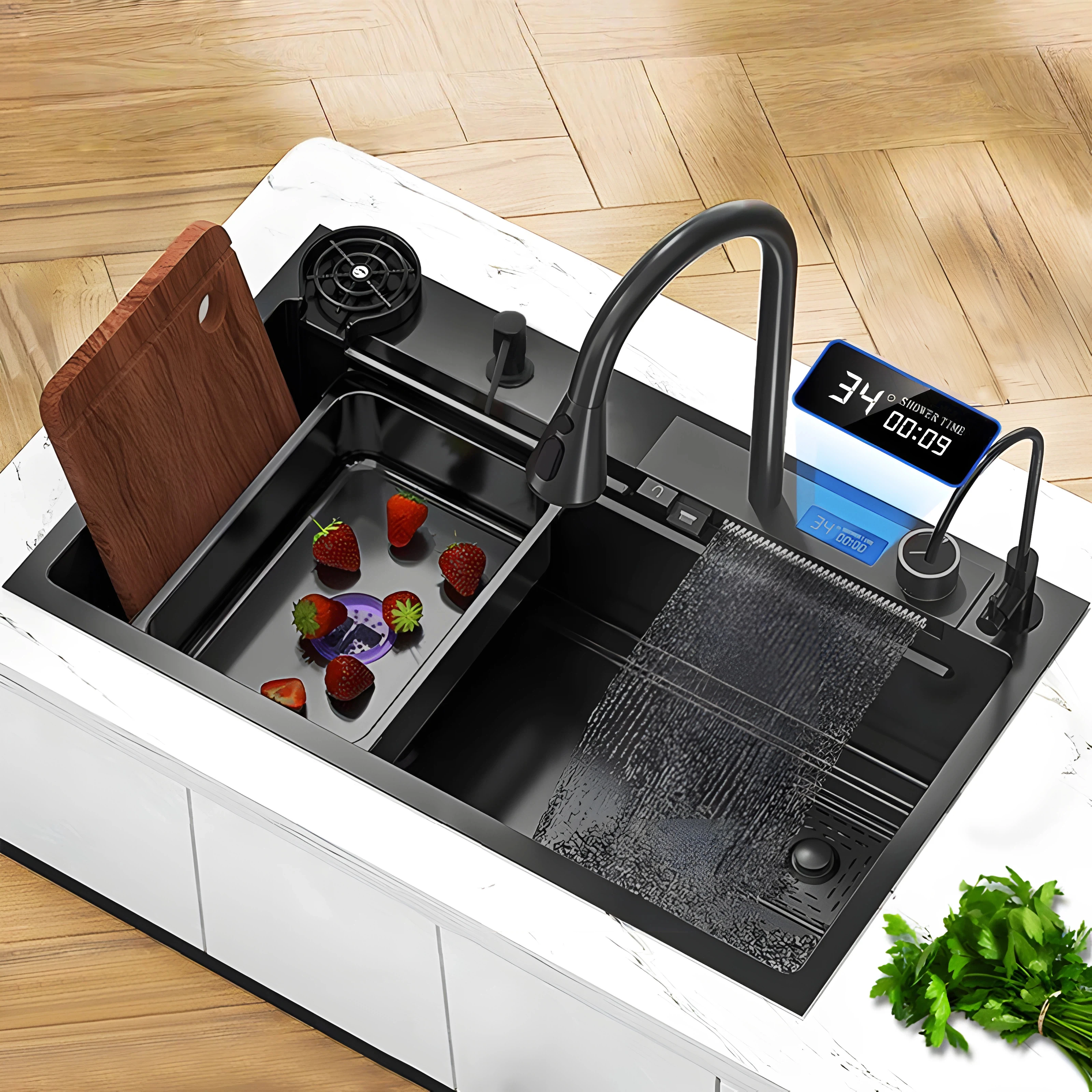 

Black kiten sink with knife holder and digital temperature in Full set of accessories inded