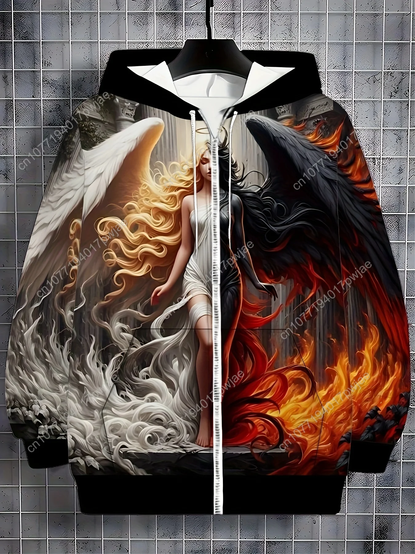 Moletom masculino com capuz com estampa de anjos e demônios, jaqueta casual de manga comprida com zíper e cordão e bolsos, 100% poliéster kn