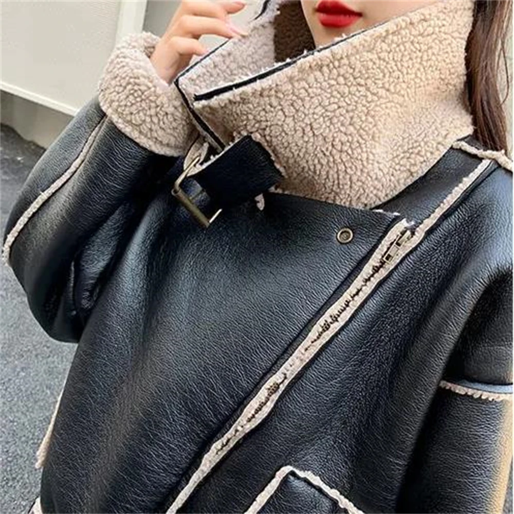 Women Faux Lamb Leather Jacket with Belt Female Streetwear Moto Biker Black Pu Leather Short Coat Outwear Autumn Winter Tops