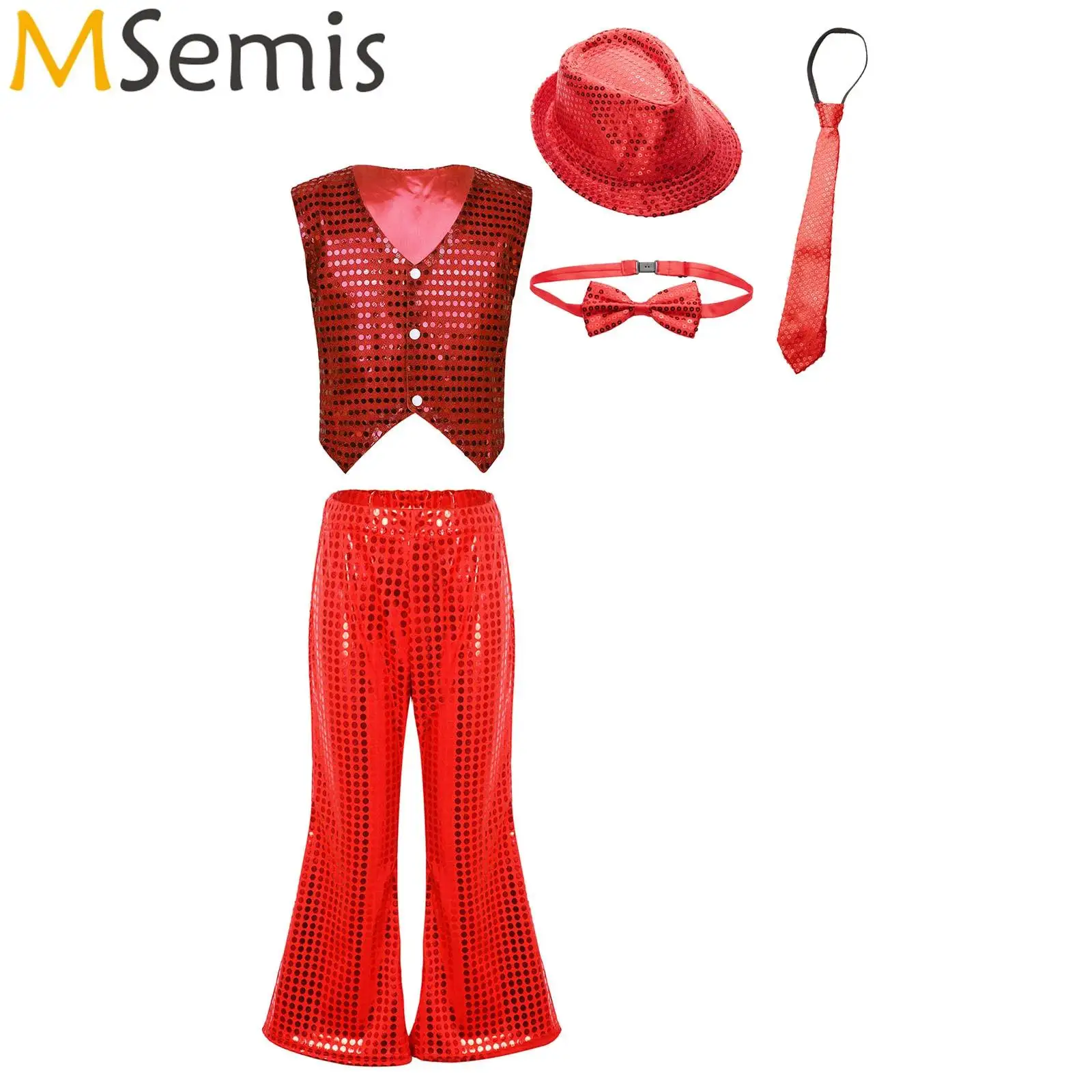 Kids Boys Girls Dance Set for Jazz Hip Hop Dance Stage Performance Shiny Sequin Waistcoat Elastic Waistband Flared Pants And Hat