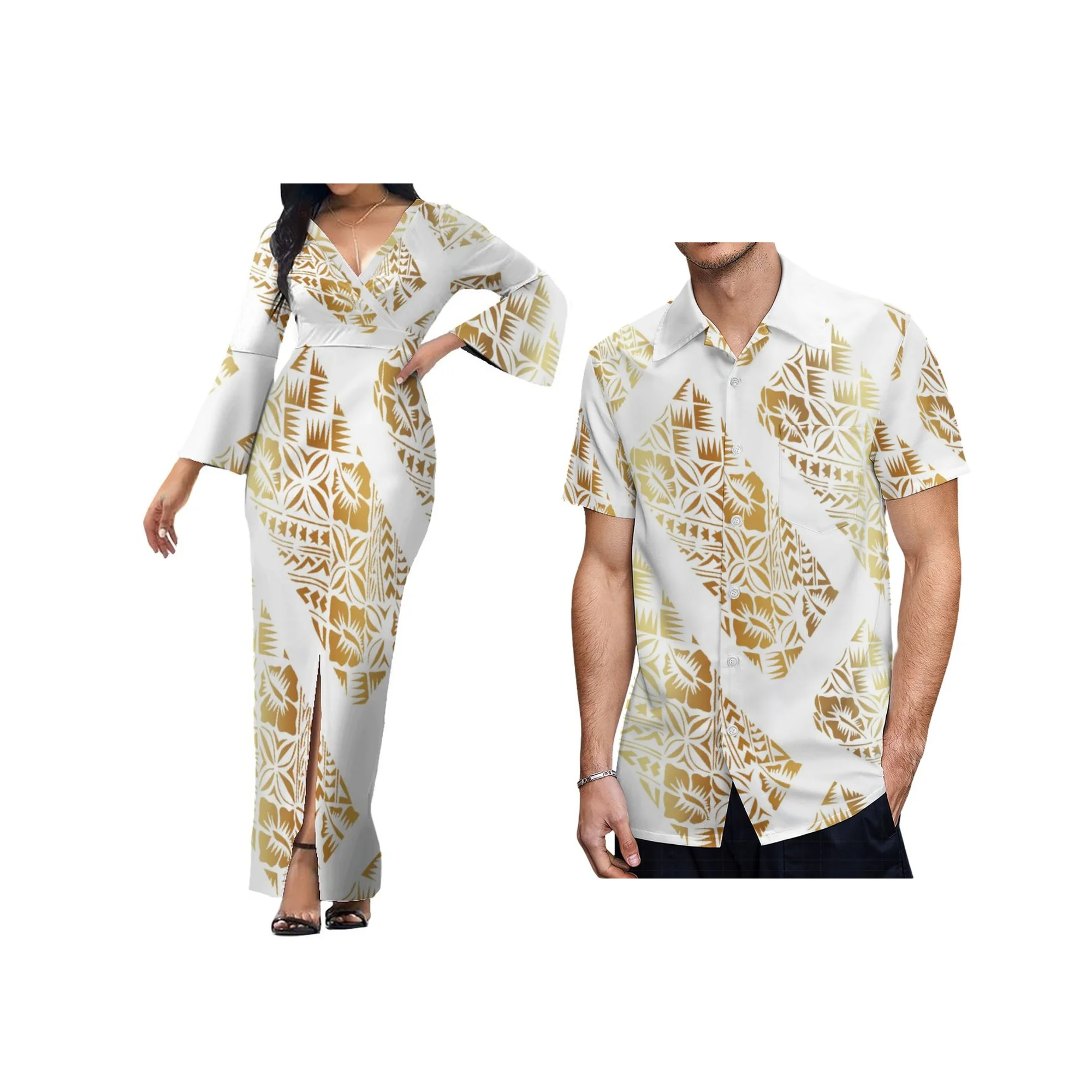 Drop Shipping mother day Polynesian White Dress Matching Short Sleeve Men\'s Shirt Couples Matching Outfits Long Island Dress