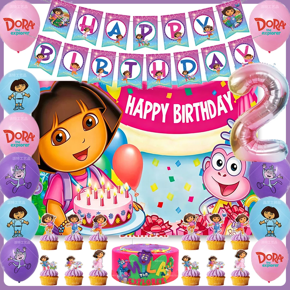 Décorations d'anniversaire pour enfants Dora l'exploratrice (1 à 9 ans) : Bannière, ballons, décorations de gâteau, ensemble de décoration, toile de fond pour baby shower, cadeaux pour filles