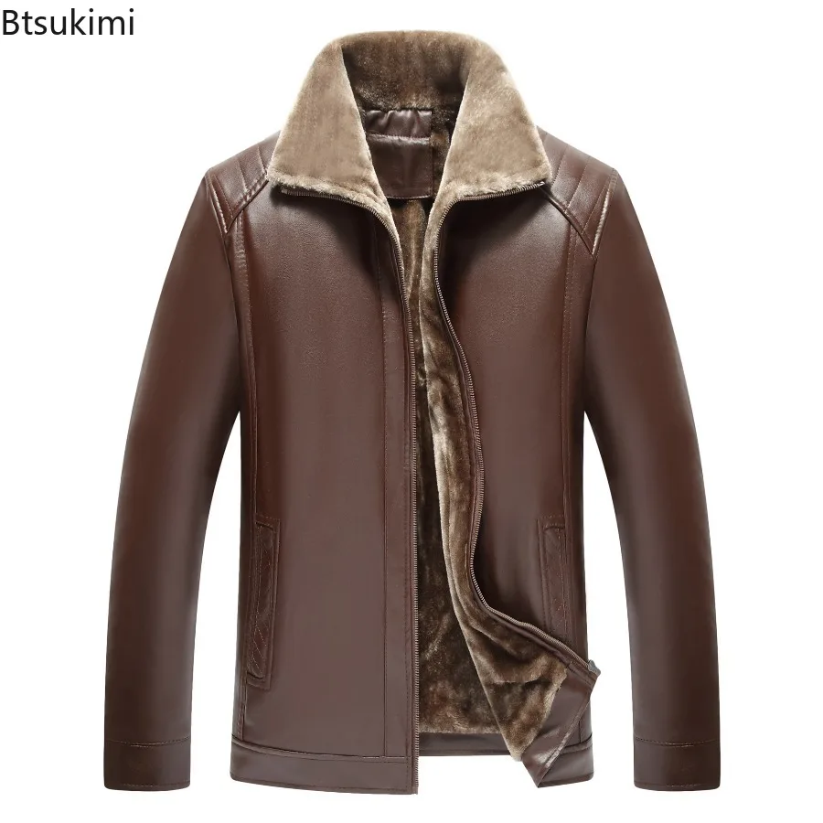 2025 Winter Jackets Men's Fashion Solid Thicken Fleece Lining Warm Leather Jackets High Quality Business Casual PU Leather Coats
