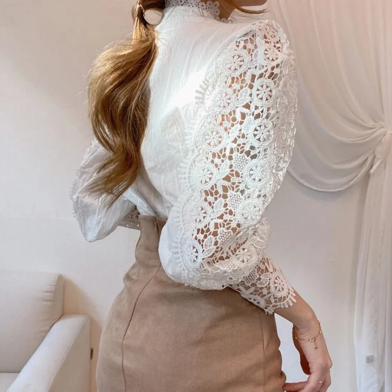 2024 Autumn Long Sleeve Women Shirts Fashion Hollow Out Office Lady Elegant Petal Sleeve Blouse Stand Collar Tops