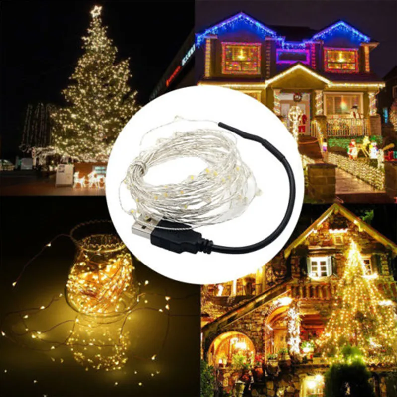 5M 50Leds 10M 100Leds Zilver Draad Slinger Usb Led Lichtslinger Vakantie Voor Fee Kerst Bruiloft Feest Decoratie Licht