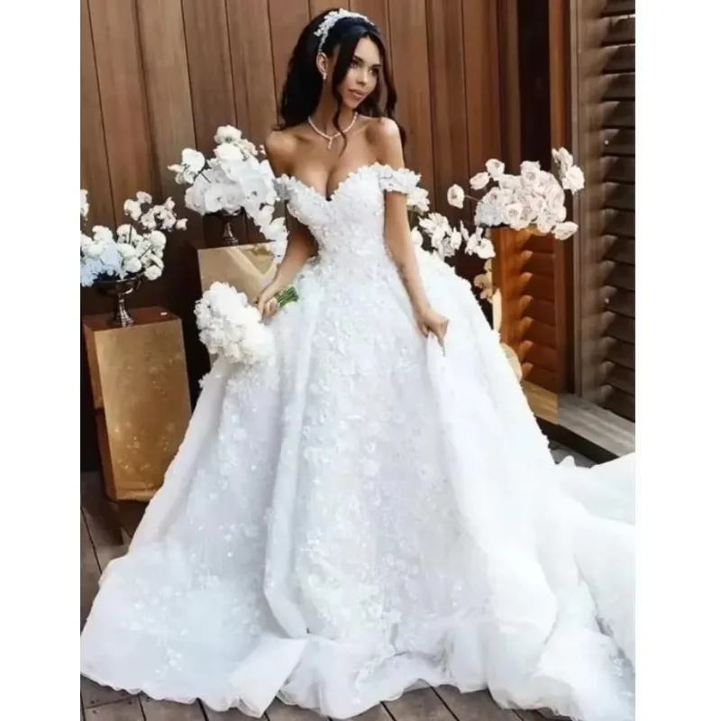 Jolie robe de mariée personnalisée à épaules dénudées, motif Floral 3 D, robe de bal détachable