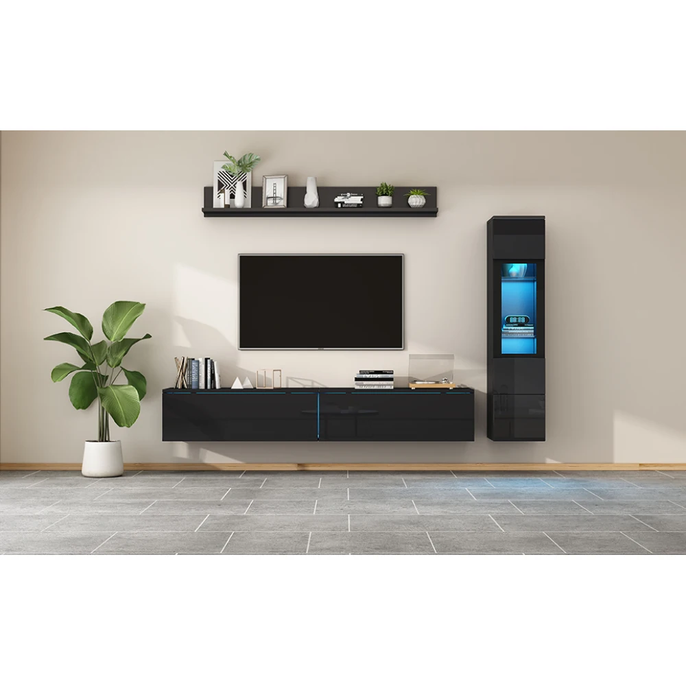 3-teiliges TV-Wohnzimmer-Wandset mit LED-Beleuchtung, Hochglanz-Möbelset, TV-Schrank, Vitrine und Hängeregal, für Fernseher bis zu 80 Zoll – Detail 6