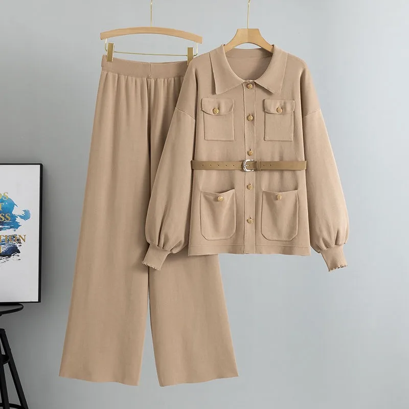 

Осенне-зимний вязаный свитер в европейском и американском стиле, модный кардиган, куртка, широкие брюки, костюм из двух предметов, женский уличный костюм