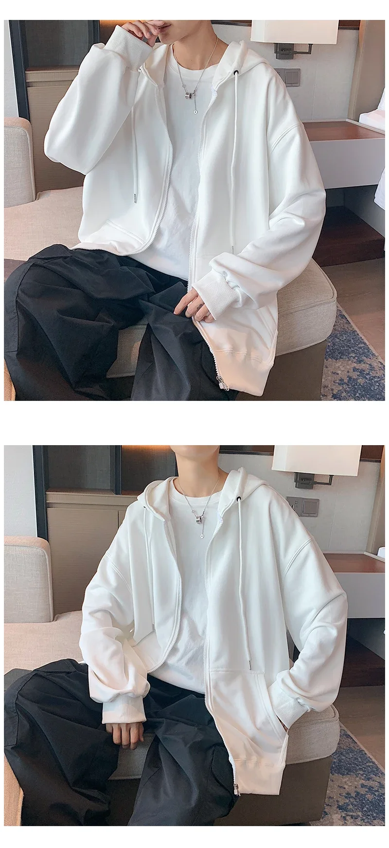Herren trend ige Hoodie Cardigan Herbst Kapuze Sweatshirt einfarbige klassische Jacke Langarm Reiß verschluss Mantel lässige Herren bekleidung – Detail 3