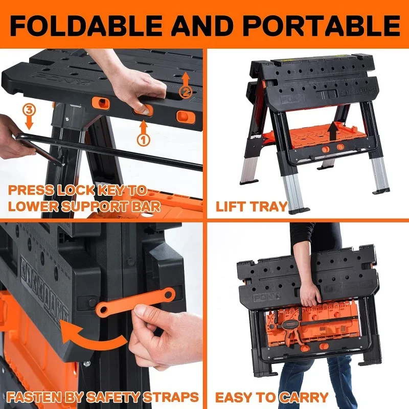 For Pony Portable Folding Work Table, 2-in-1 as Sawhorse & Workbench, Load Capacity 1000 lbs- & 500 -, 31” W×25”