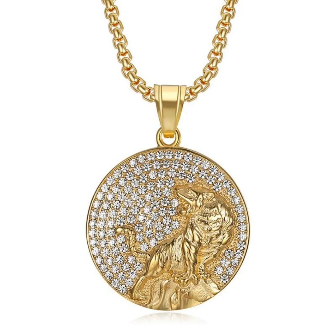 

Punk Fashion Cool Animal Tiger Pendant Gold Silver Color Stainless Steel Crystal Zirconia Round Necklace for Woman Man Jewelry