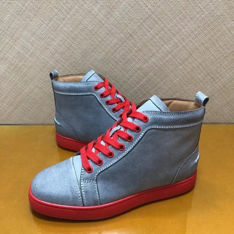 

Luxury High Top Gray Real Leather Shoes Red Bottom Shoes For Men Flats Casual Shoes Loafers Size 48 Wedding Sneaker Women Spikes