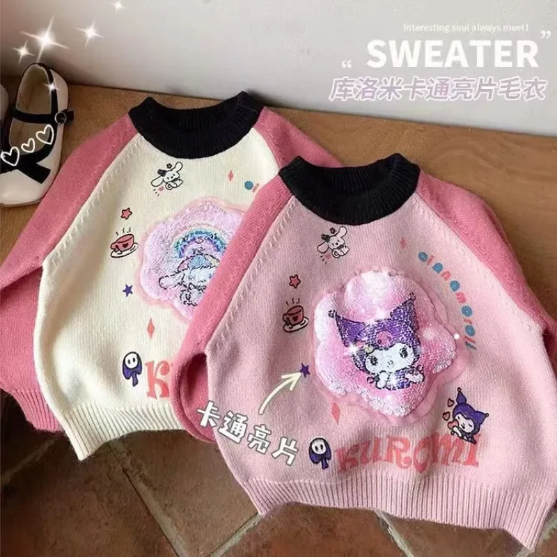 New Cinnamoroll Girls Autumn Clothes Sequined Velvet Sweater Children's Cartoon Color Block Top Cute Western Children's Clothes