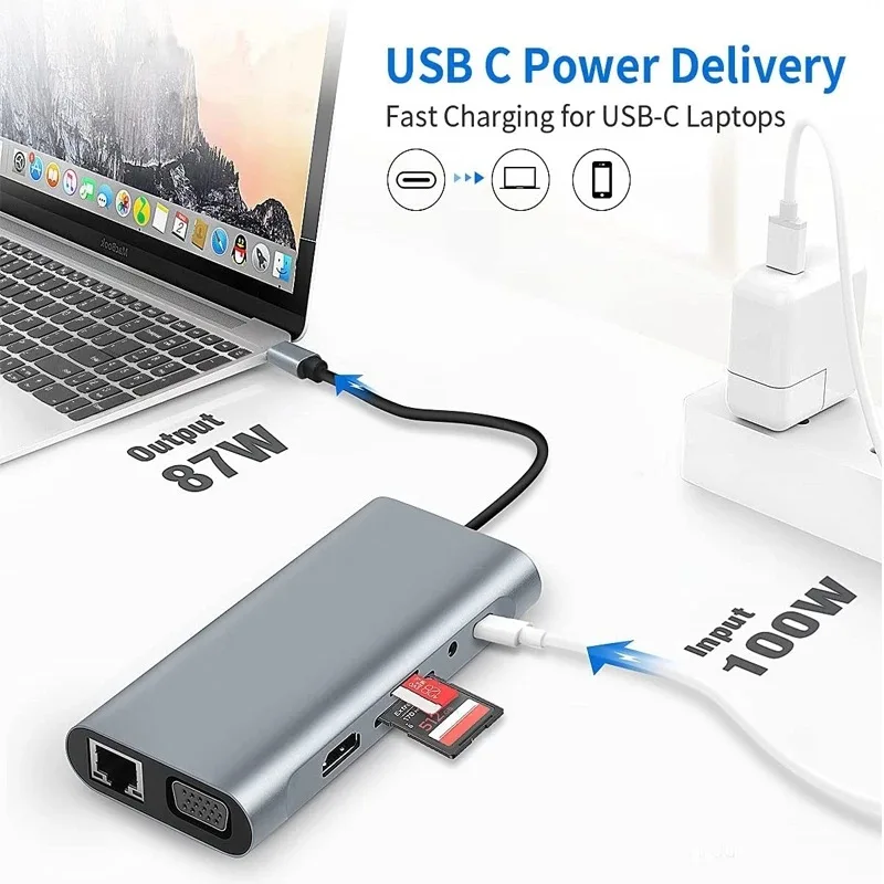 11 in 1 Type C Hub with HDMI 4K VGA RJ45 3.5mm Audio Converter Laptop PD Charging Adapter Micro SD/TF Card Reader Cable Splitter
