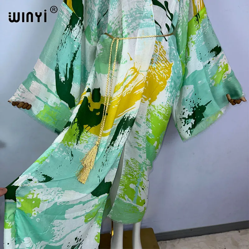 Winyi Kimono Zomerprint Y 2K Kaftan Bikini Cover-Up Elegant Vest Sexy Vakantie Maxi Strand Badpak Avond Feestjurk