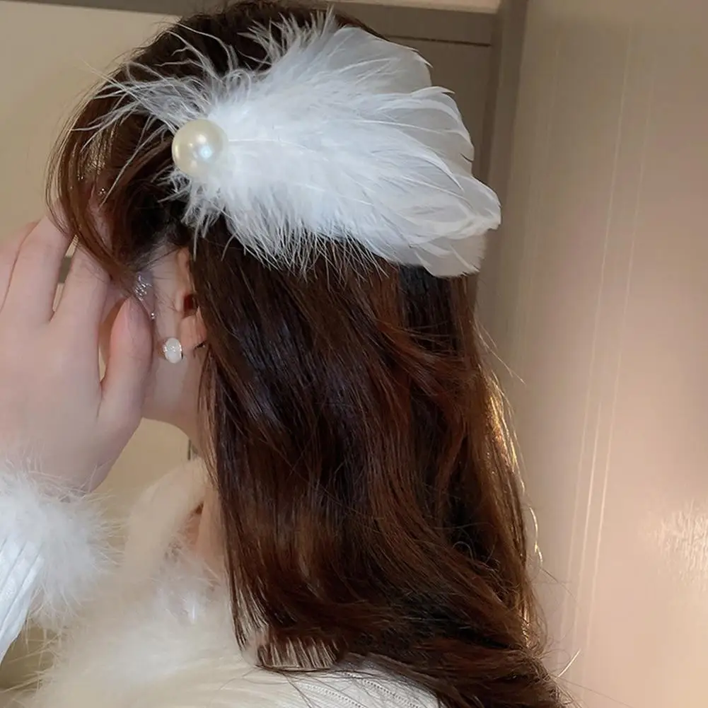 2pcs White Swan Feather Hairpin Headwear Ballet Style Stage Performance Side Clip Girl Party Faux Pearl Accessories Hair Clips