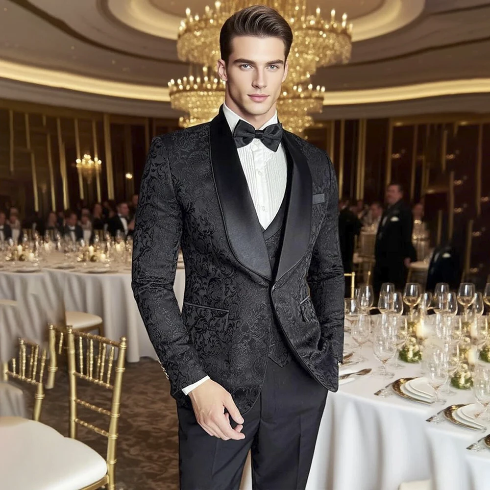 

Black Jacquard Men's Suits Fashion One-Button Shawl Lapel Slim Fit 3 Piece Jacket Pants Vest High Quality Male Clothing Blazer