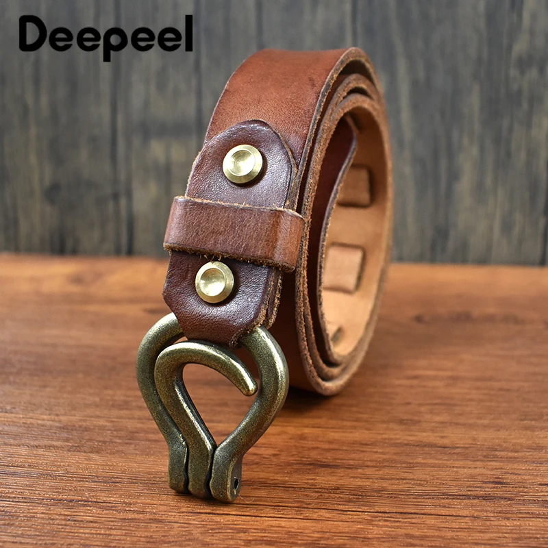 Deepeel 3.3cm Wide Genuine Leather Belt Cowhide Thickened Belts Men's Brass Hooks Waistband Male Retro Jeans Designer Girdles