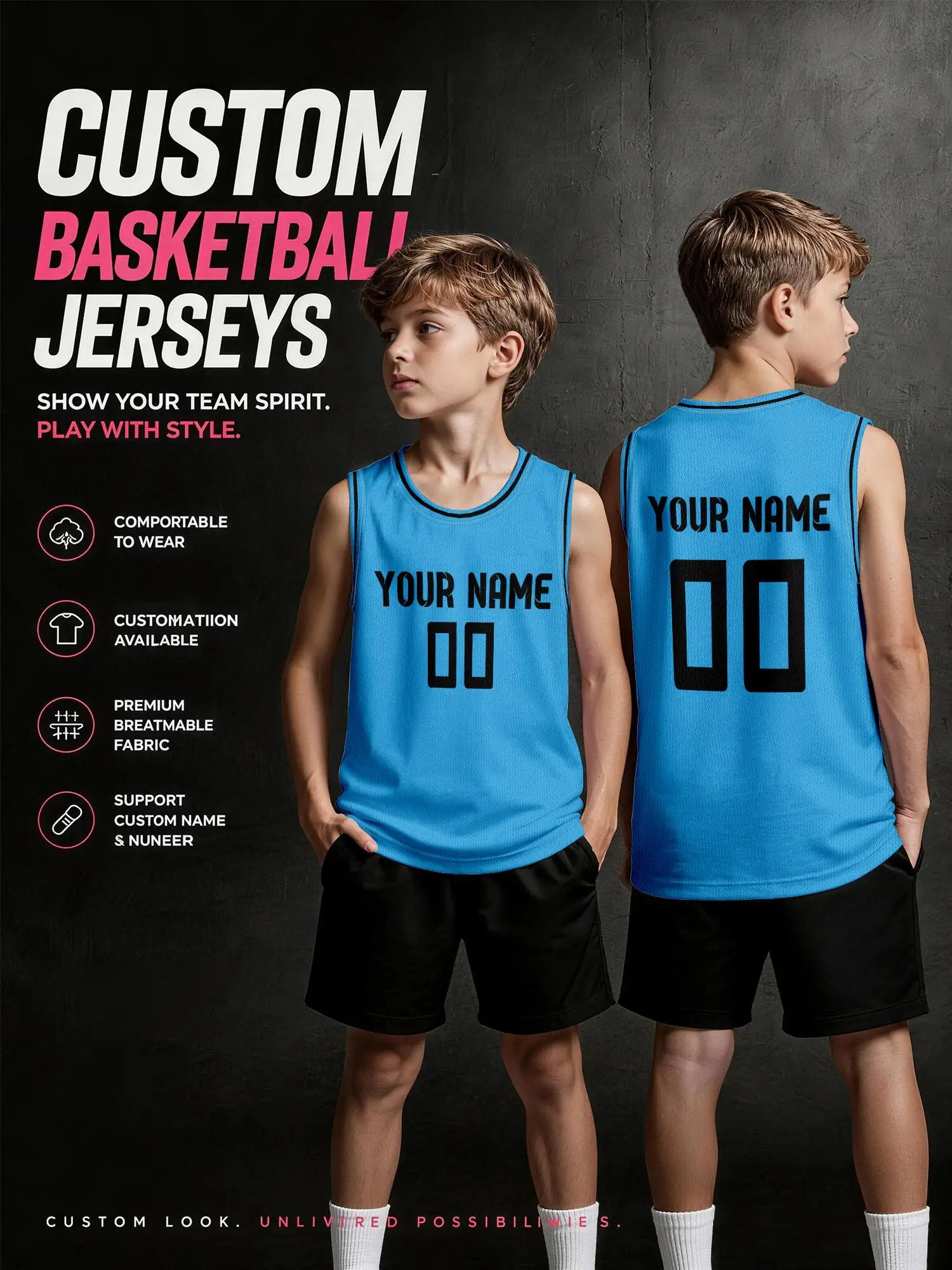 Light Blue Black Trim Custom Basketball Jersey Set, Adults Kids Name Number Print Quick‑Dry Uniform