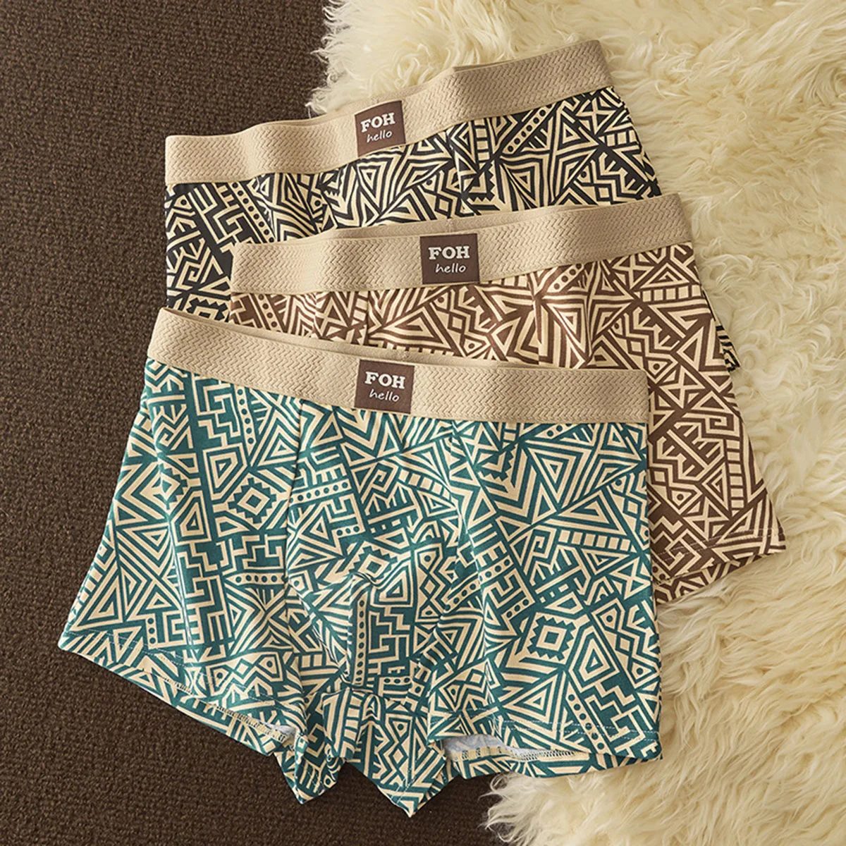 1/3 Pcs Men's Cotton Boxer Shorts Breathable Comfortable Underwear Man Printed Trendy Ethnic Retro Square Underpant Male Panties