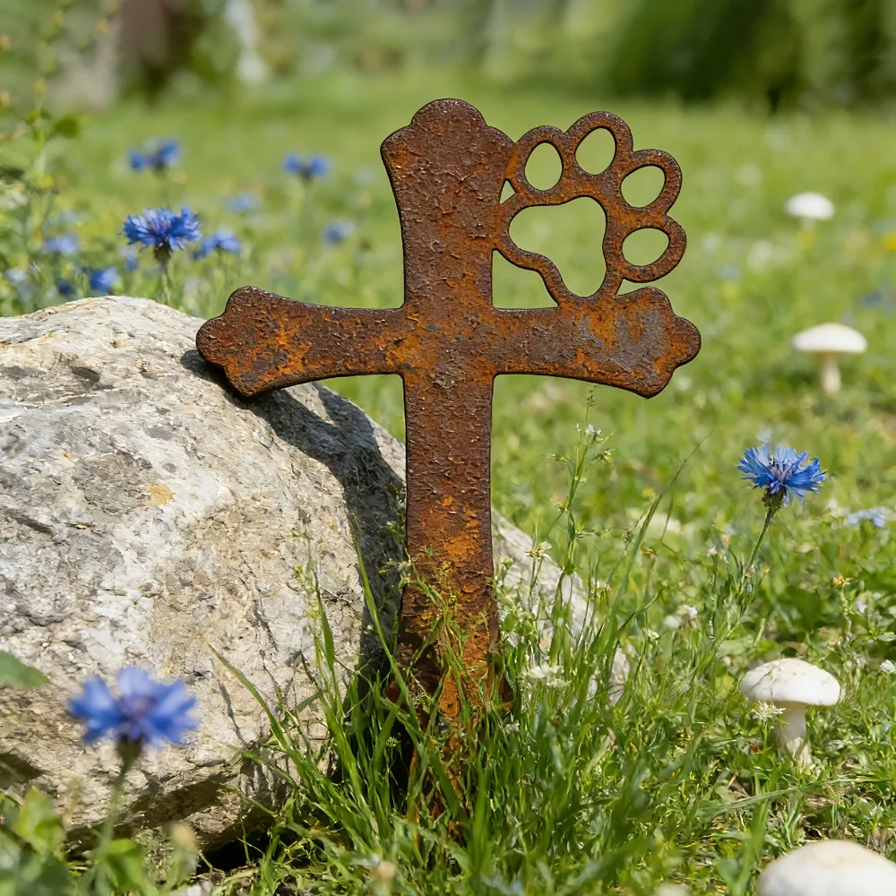 CIFBUY Metal Wall Art Pet Memorial Cross Paw Print Grave Marker Rustic Iron Stake Yard Decor Ornament
