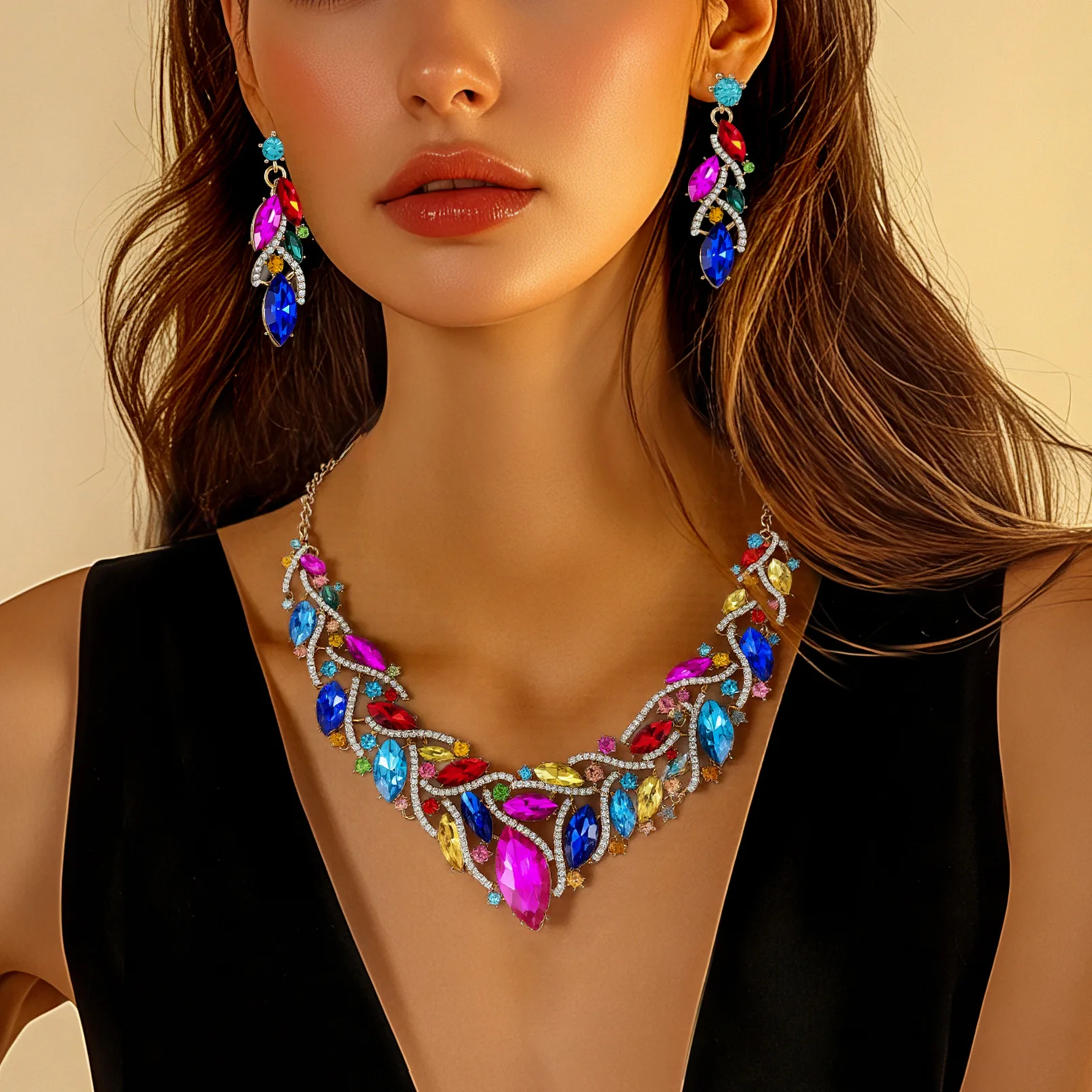 Elegant Floral Crystal Necklace and Earrings Ensemble Featuring Drop-Shaped Pendants Vine-Inspired Hollow Alloy Frame Sapphire B