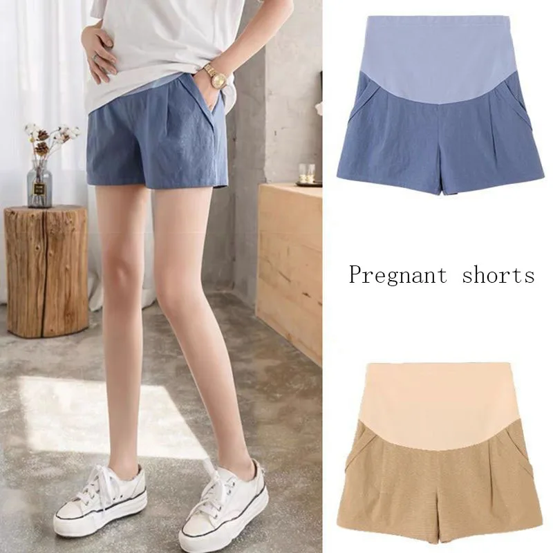 Summer Casual White Cotton Linen Maternity Shorts Across V Belly Shorts Clothes for Pregnant Women Hole Hot Pregnancy Pant