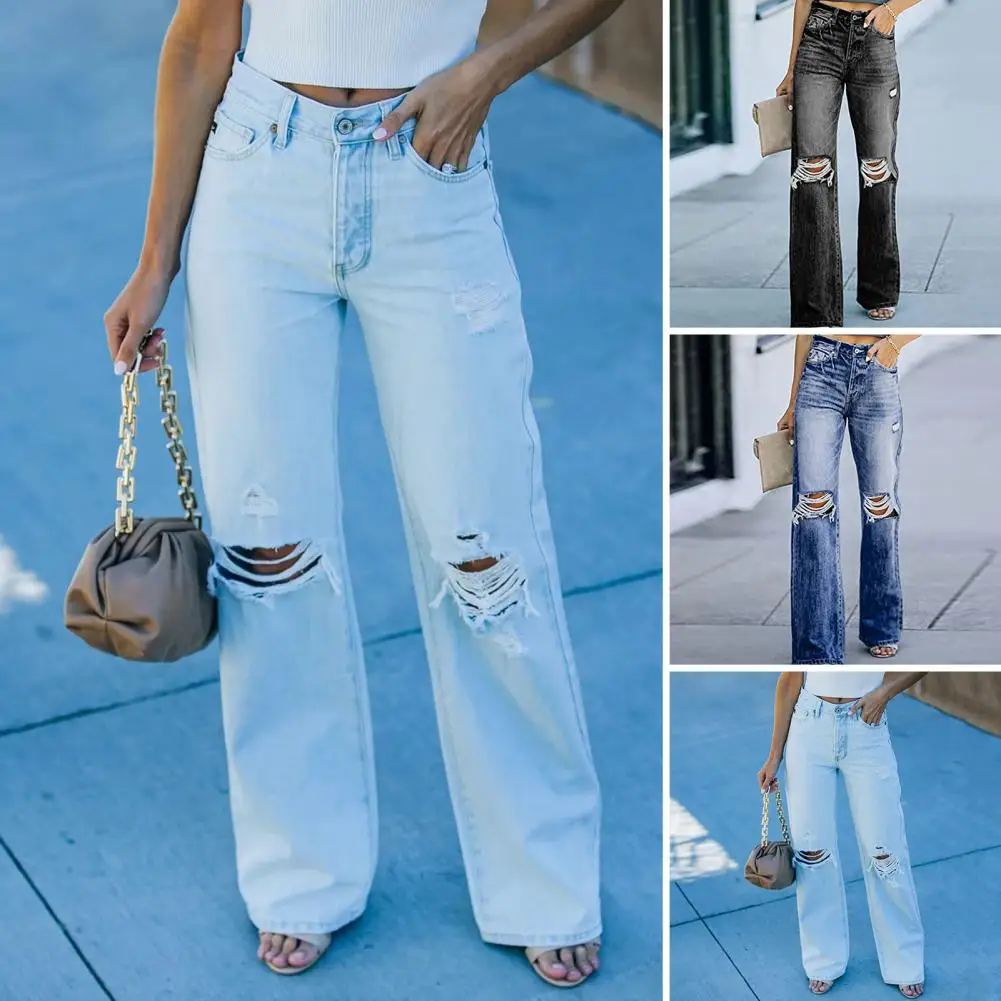 High Waist Pants Stylish Women's High Waist Wide Leg Denim Pants with Ripped Holes Button Closure Pockets for Commute Dating