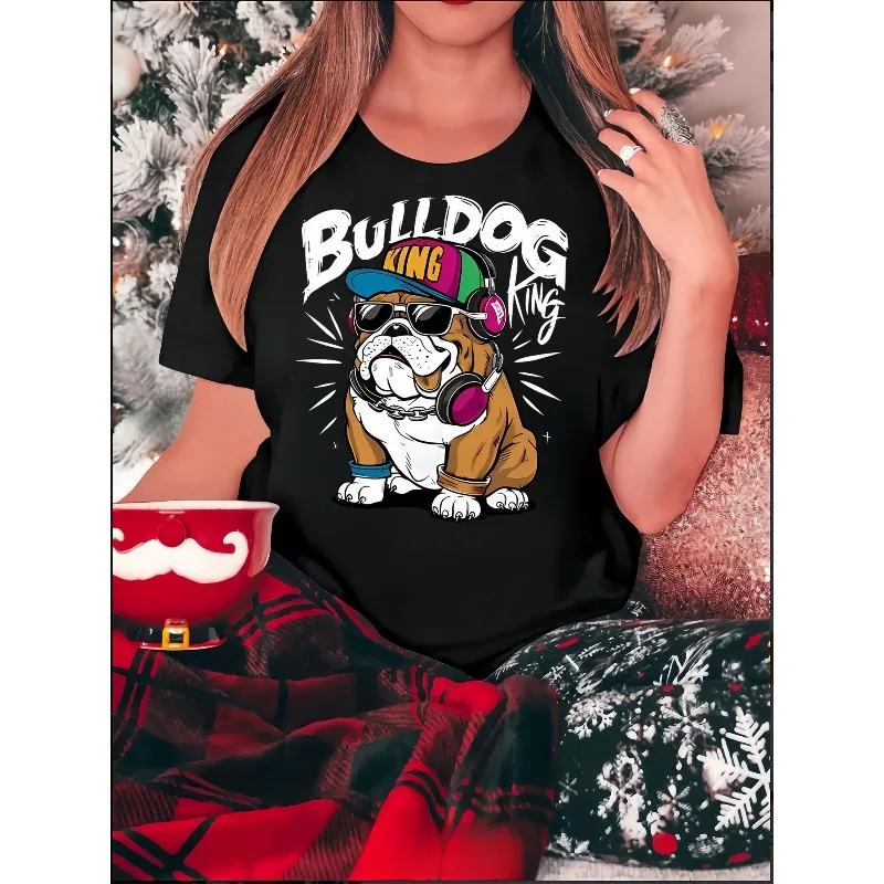 เสื้อยืดลายบูลด็อกสำหรับผู้หญิง สีดำ ลำลอง แขนสั้น คอกลม เสื้อแฟชั่น ดีไซน์แว่นตาและหูฟัง เสื้อผู้หญิงเนื้อนุ่ม