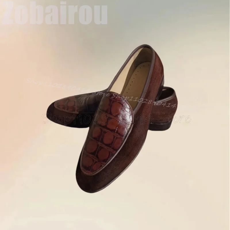 Brown Crocodile Print Patchwork Penny Loafers Fashion Slip On Men Shoes Luxurious Handmade Party Banquet Office Men Dress Shoes