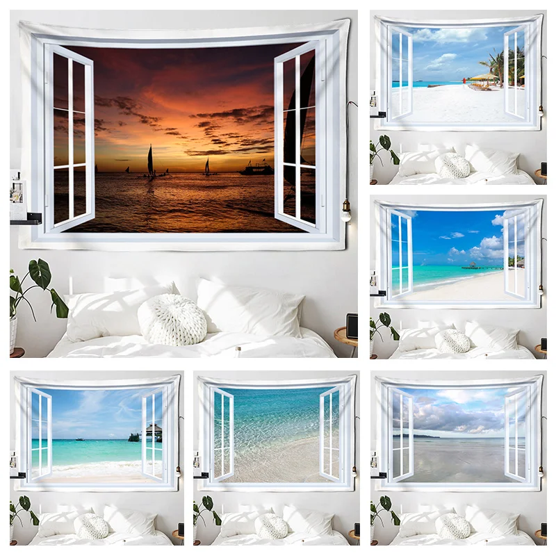 3D Simulation Window Beach Scenery Tapestry Living Room Home Background Hanging Cloth Wall Decoration TAPIZ