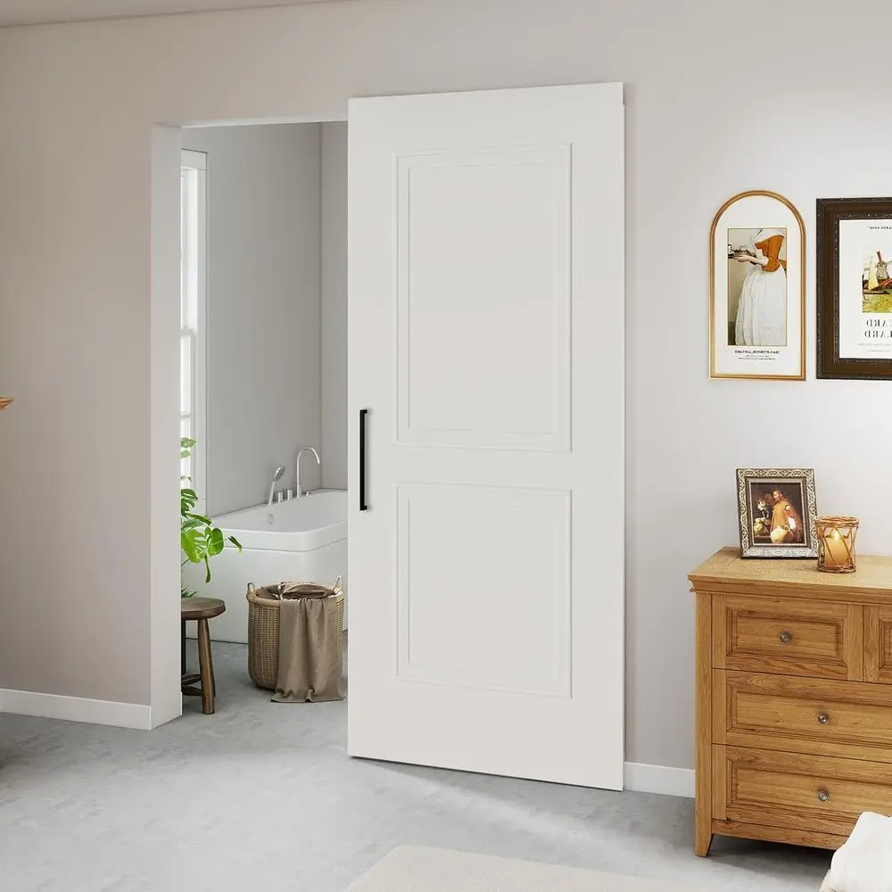 

Раздвижная дверь-штора (бочонок) с доводчиком, 36x84, белая, с грунтовкой, цельнолитая, для проемов 32-34x80, 2 плоских панели, матовые черные ручки