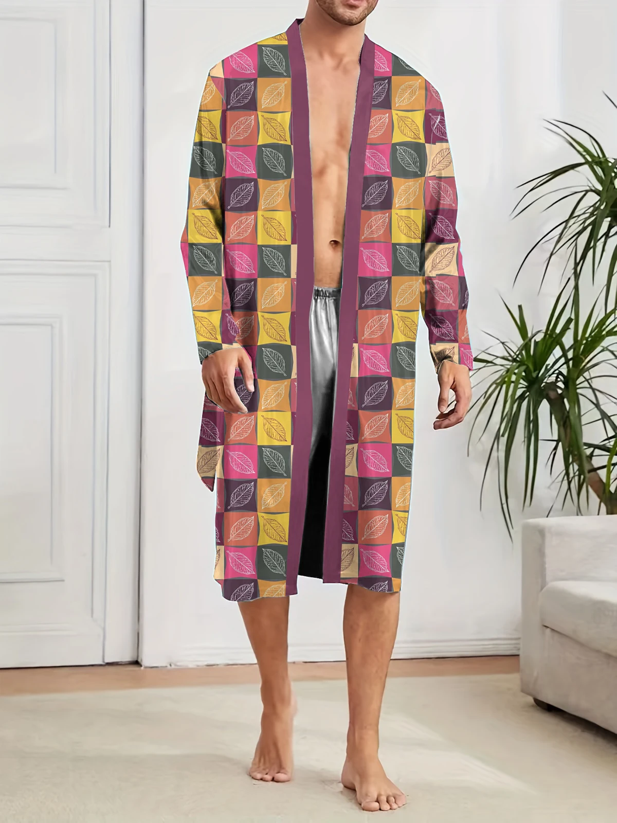 

Spring Autumn men's long robe with digital printing, a must-have for leisure and entertainment at home, and a fun sleeping robe