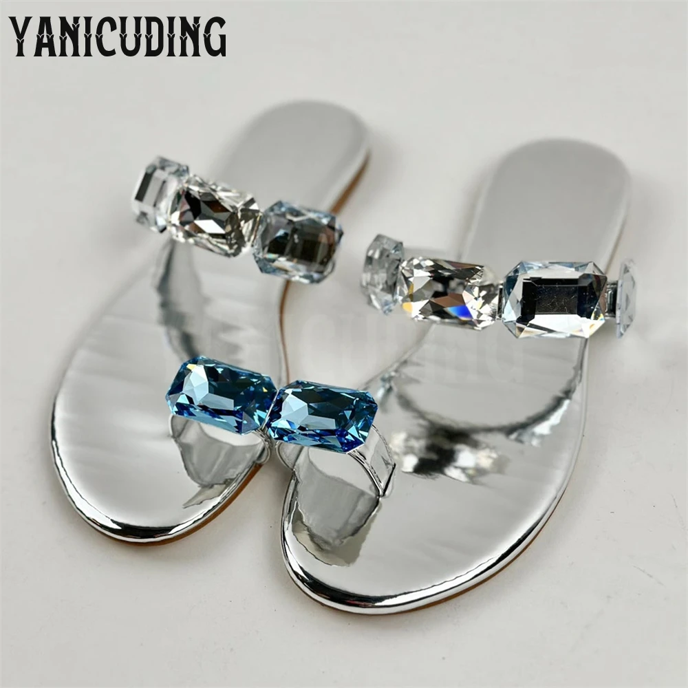 متعدد الألوان كريستال نعال مسطحة الفضة براءات الاختراع والجلود الوجه يتخبط الفاخرة الياقوت الفضة حجر الراين الشقق النساء شبشب صيفي #3