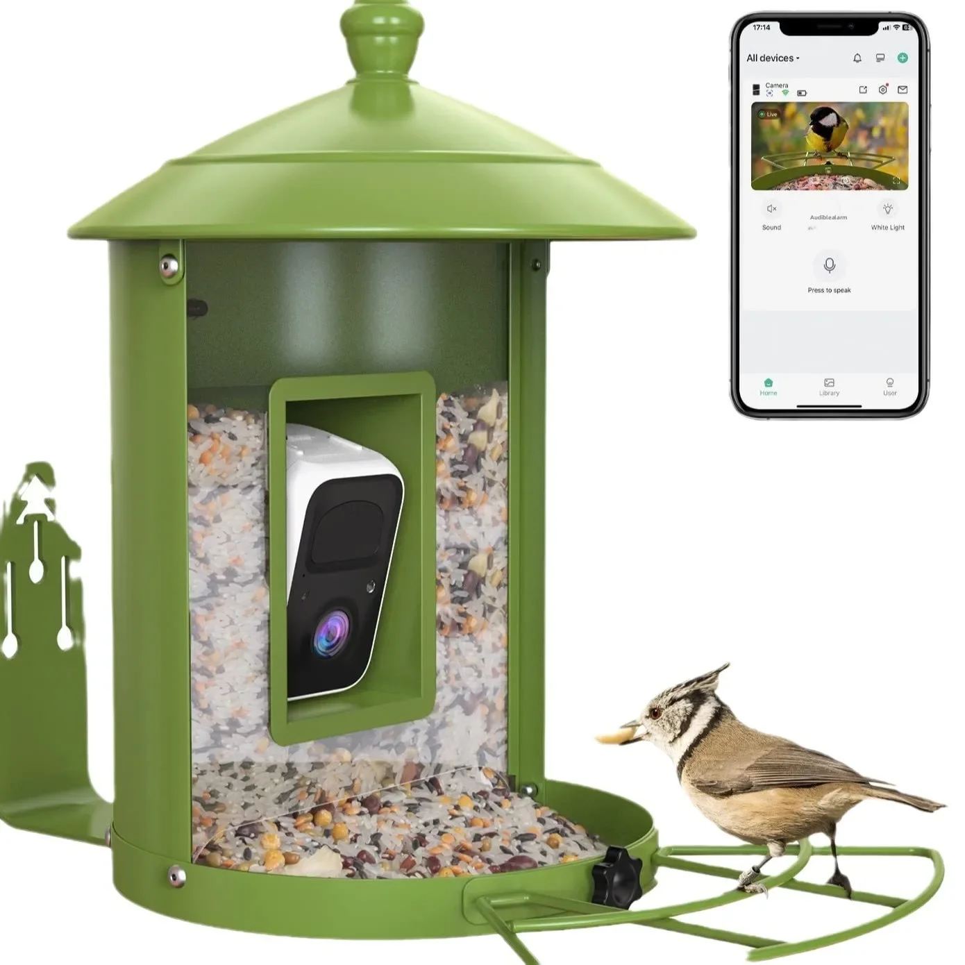 aAI Smart Bird Feeder with Metal Housing Outdoor HD Bird-Identification Camera and Lens Hummingbird for Pet Birds