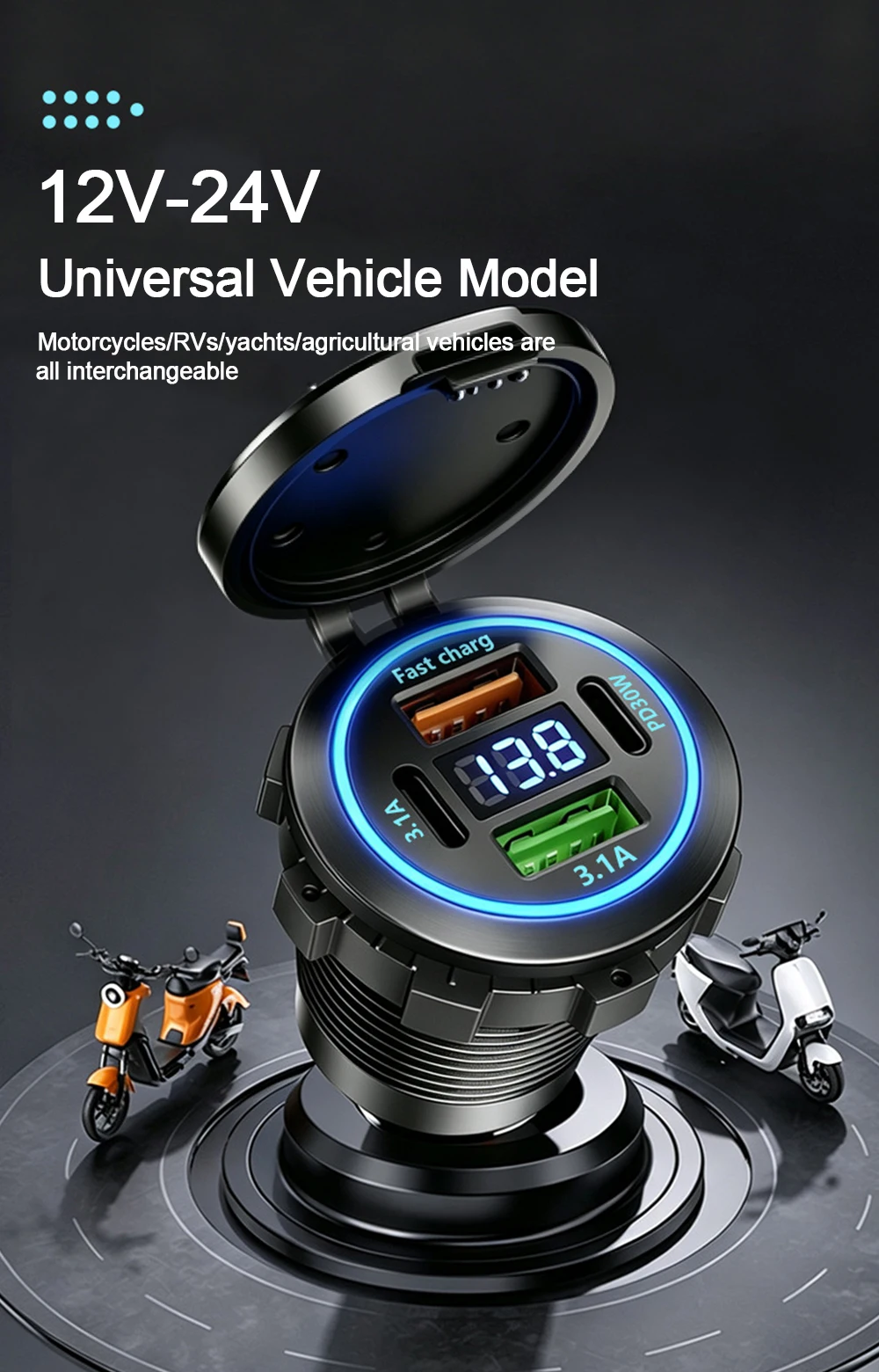 83W Auto-Ladegerät Schnellladestation Dual USB+Typ-C PD30W Anschluss Telefon-Stromadapter mit Voltmeter für Motorrad LKW Boot – Detail 2
