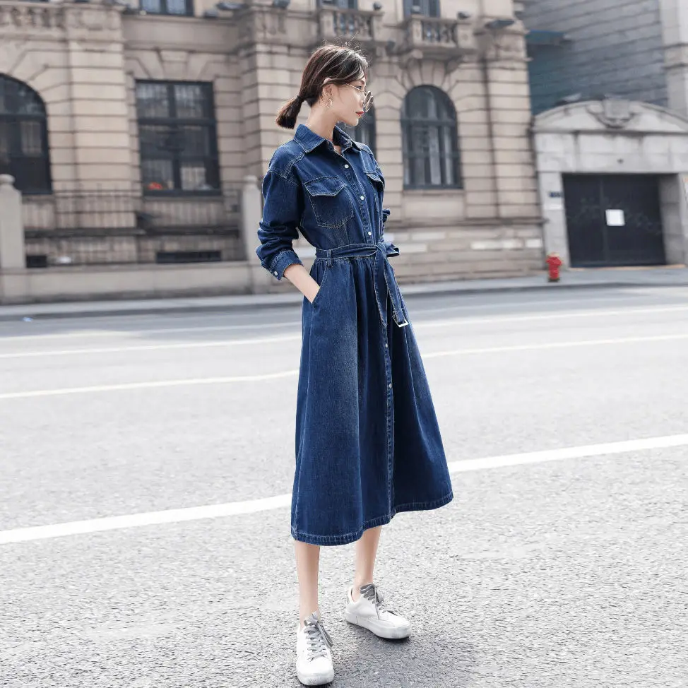 Vintage Women Denim Dress Turn Down Collar Long Sleeve Loose Female Shirt Dresses 2022 Spring Autumn Midi Length Vestidos