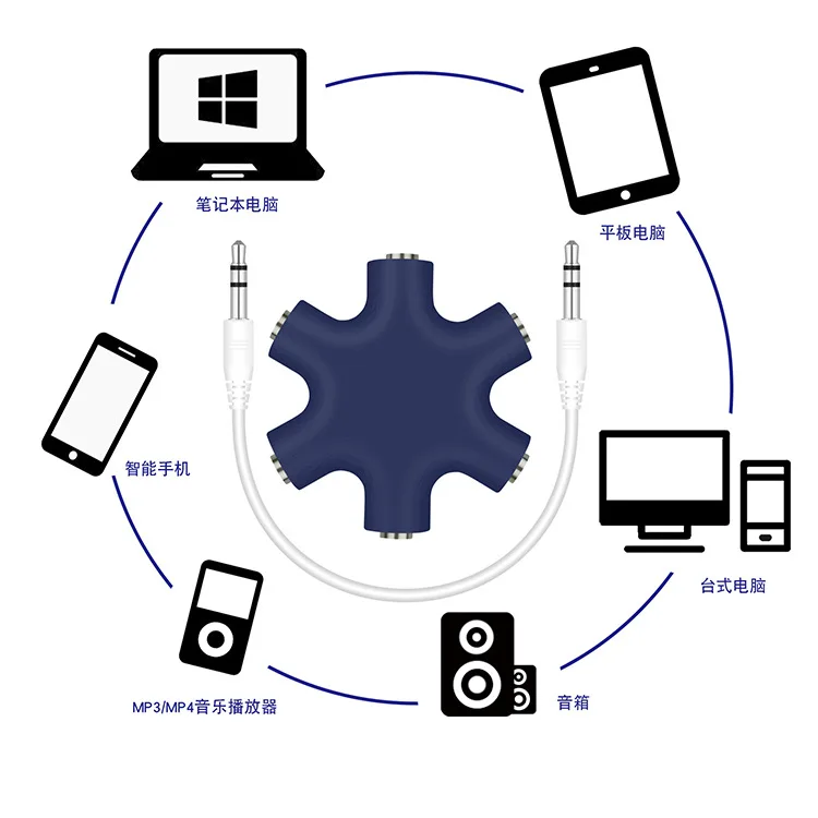 6 In 1 3.5mm Audio Aux Cable Splitter 1 Male To 5 Female Headphone Port 3.5 Jack Share Adapter For Tablet MP3 MP4 Mobile Phone