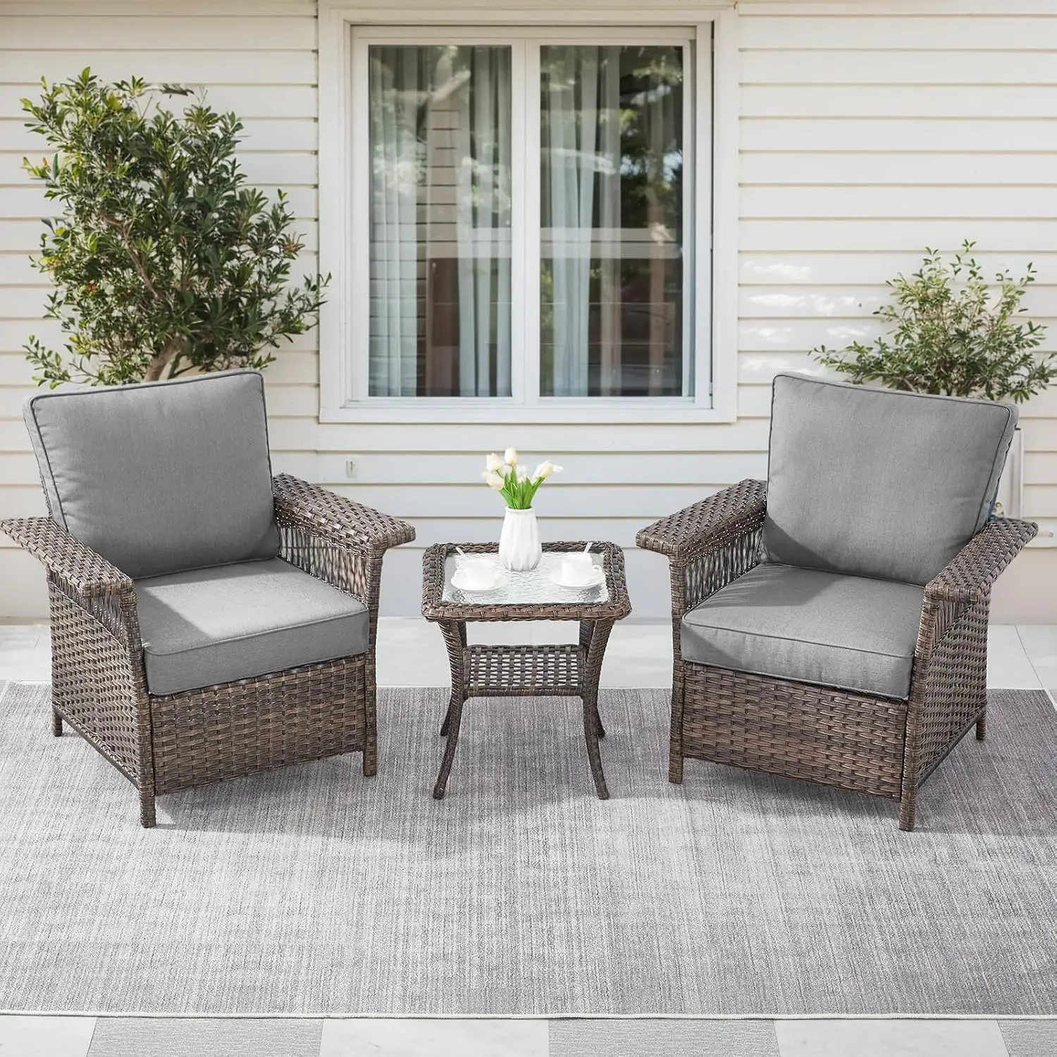 Wicker Patio Chairs Set 3 Pieces Hollow Armrests Rattan Outdoor Furniture with Side Table High Back for Balcony Porch Deck Yard,