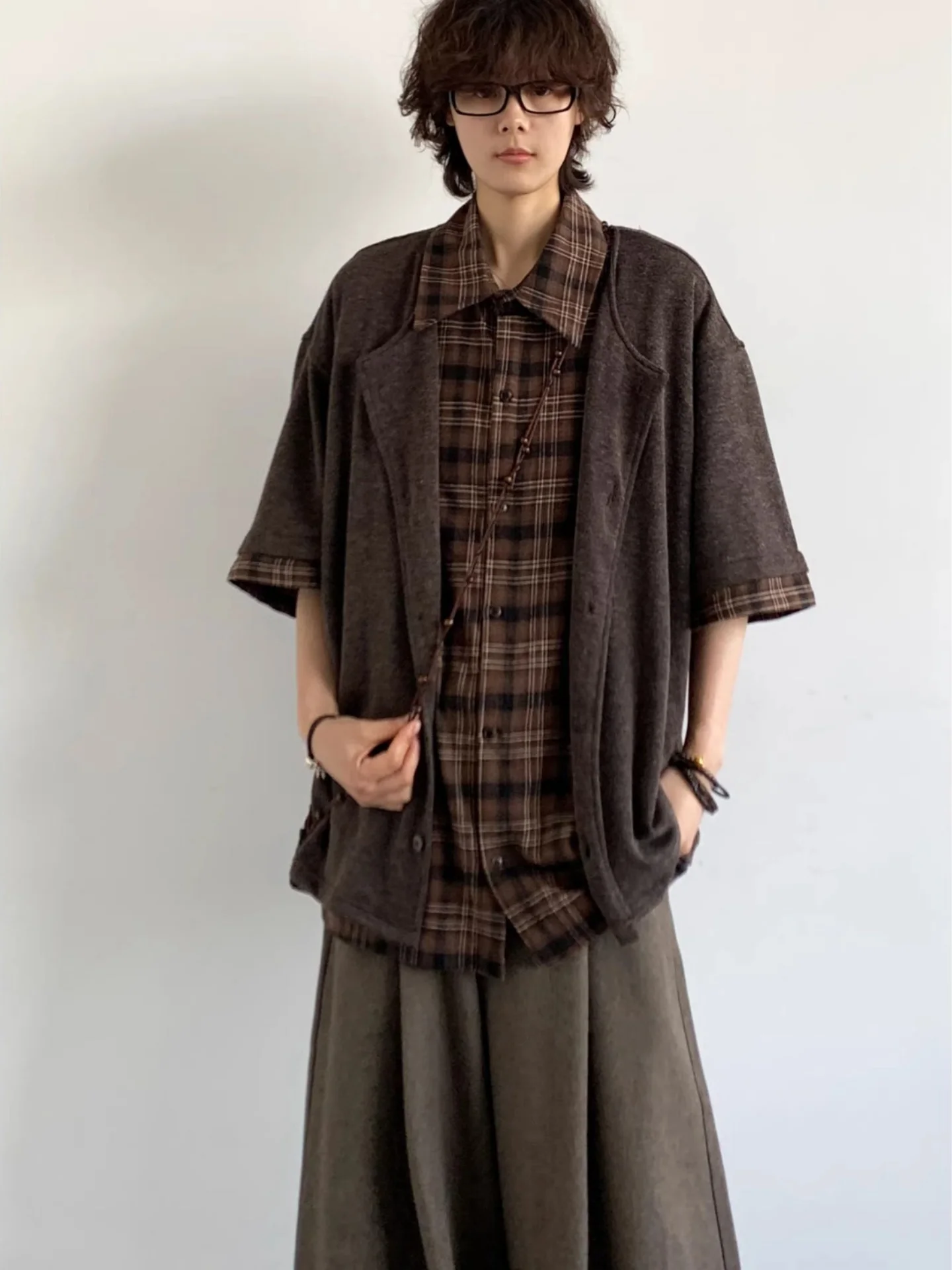 

Vintage American Plaid Splicing Short Sleeve Casual Men's Shirt Fake Two-Piece Outerwear Breathable Summer Fashion Shirt