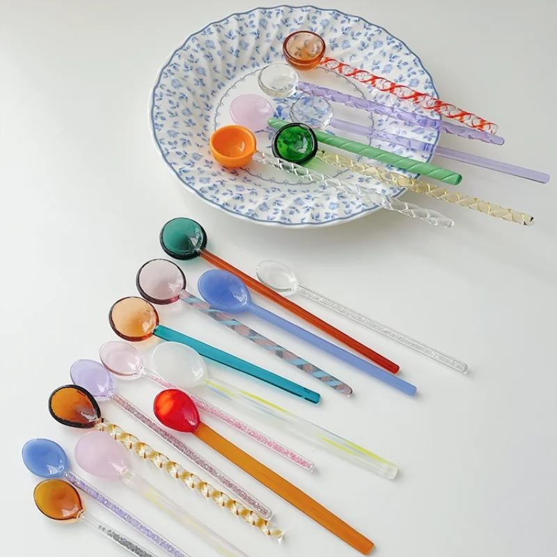 1pc  Korean Style Lovely Candy Series Colored Glass Spoon Spiral Twist    Coffee Stirring  Kitchen Tools