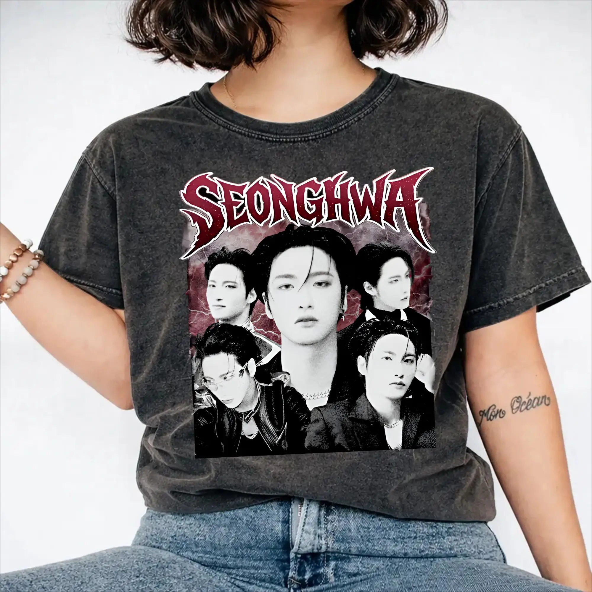 Harajuku Washed Shirt Ateez Seonghwa  Accessories Retro T Shirt Oversize  Streetwear Short Sleeve Printed Tee Shirt