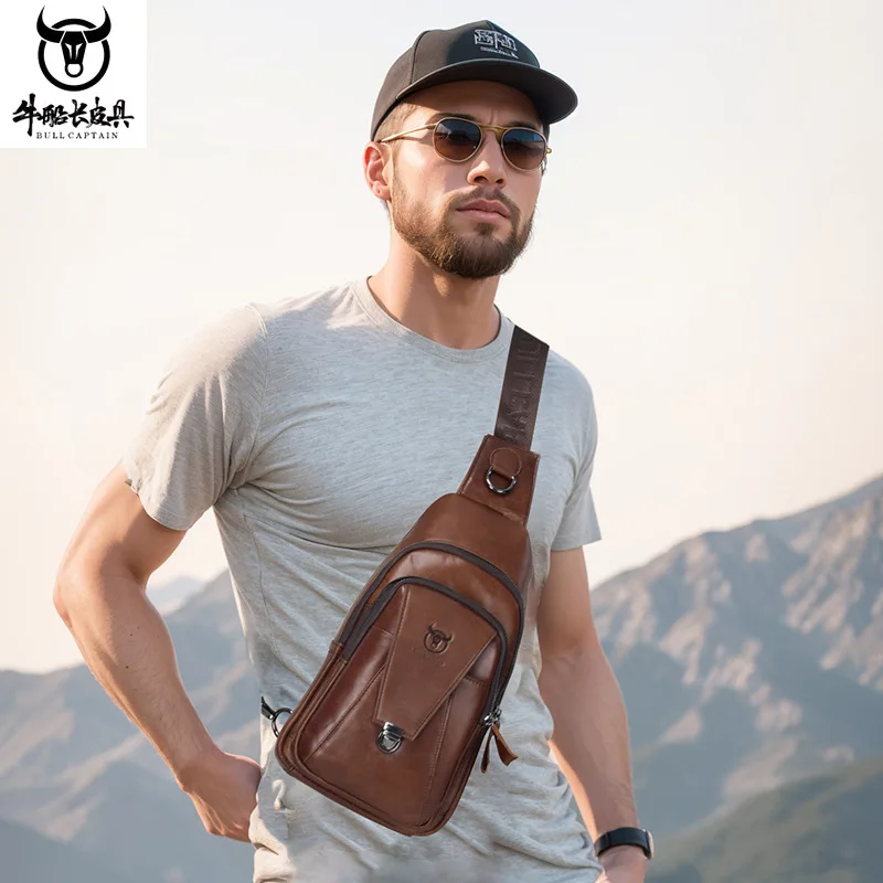 

Men's leather single shoulder cross body chest bag head layer cowhide multi-function large capacity leisure chest bag