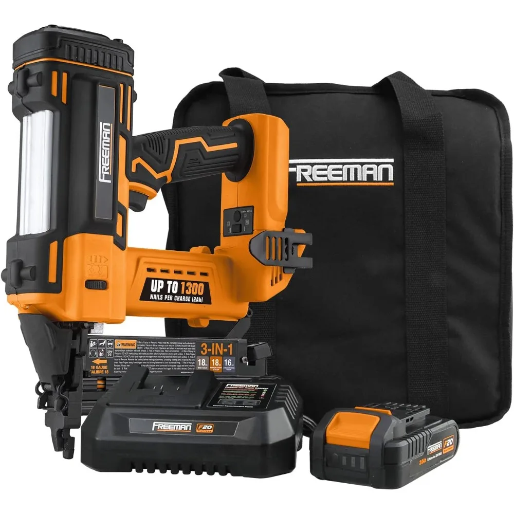 

PE20V31618G 20 Volt Cordless 3-in-1 16 and 18 Gauge Nailer/Stapler Kit with Lithium Ion Battery, Charger, Bag, and Fasteners (6