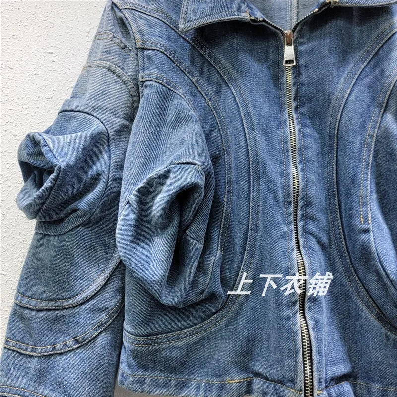 Spring Autumn Women Vintage Washed Blue Short Denim Jacket Zipper Decoration Lapel Chic Puff Sleeve Eans Jacket Coat Streetwear