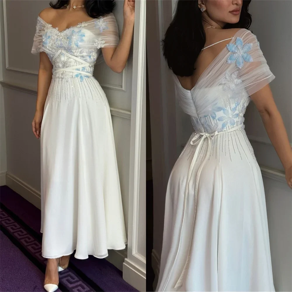 Customized Evening Dress Prom Formal Gown Off-the-shoulder A-line Ankle Length Skirts Draped Tulle Sleeveless Flower Bespoke Occ