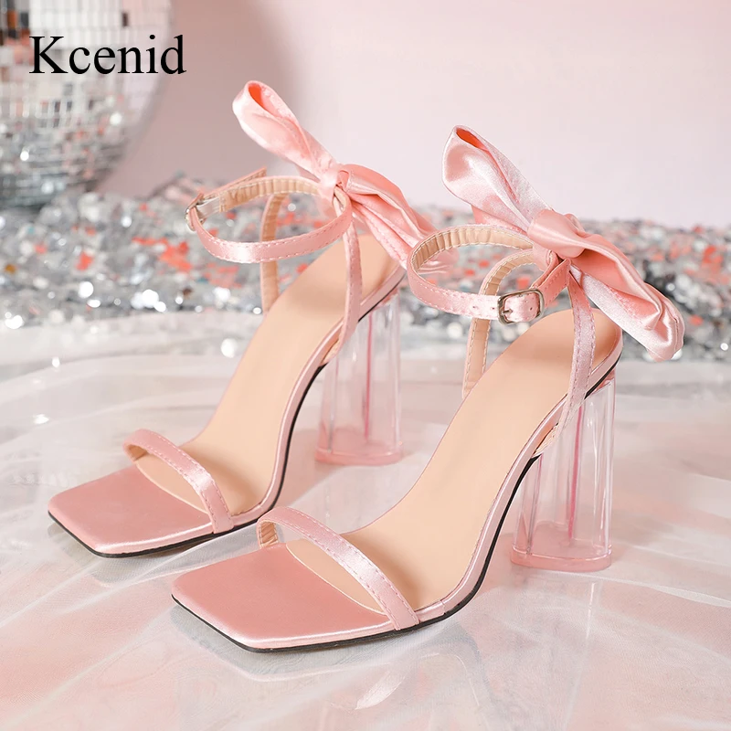 Kcenid Fashion Pink Butterfly Buckle Strap Sandals Gladiator Square Toe Transparent High Heel Women Sexy Summer Party Prom Shoes