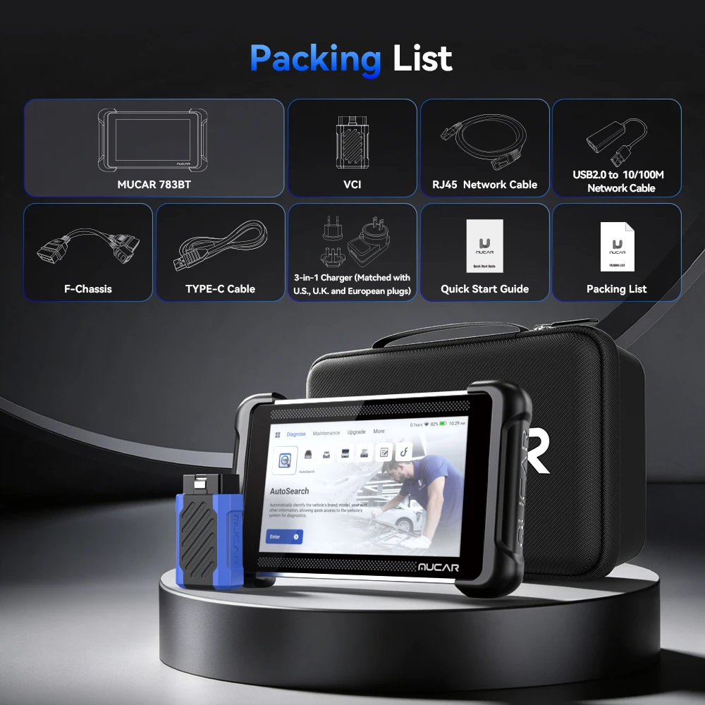 Levenslange gratis updates voor de MUCAR 783BT AI OBD2-diagnosetool, geschikt voor alle systemen, met CAN FD/DOIP, 28 resetfuncties en bidirectionele communicatie.